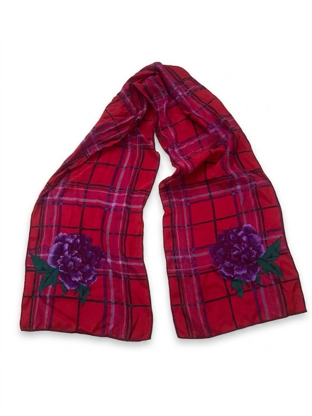 Purple Peony and Plaid Floral Silk Scarf Vintage Red Purple Green AS IS